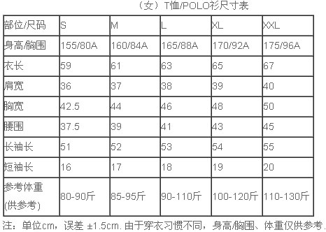 女T恤尺码对照表