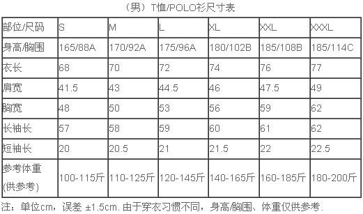 男T恤尺码对照表